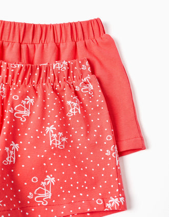 Pack of 2 plain and printed cotton shorts for baby girls, red