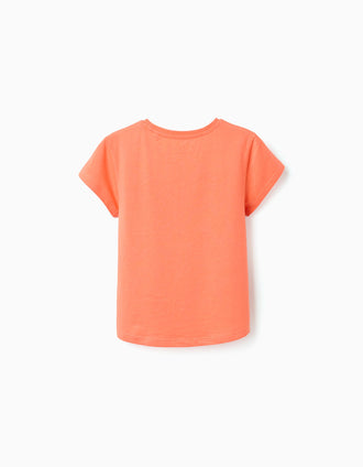 Pack of 2 cotton T-shirts with palm tree prints for girls, white/orange