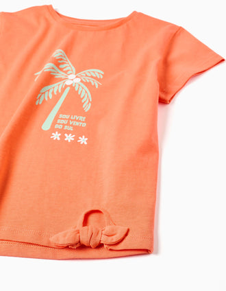 Pack of 2 cotton T-shirts with palm tree prints for girls, white/orange