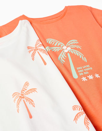 Pack of 2 cotton T-shirts with palm tree prints for girls, white/orange