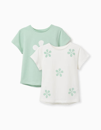 Pack of 2 cotton T-shirts with floral prints for girls, white/green