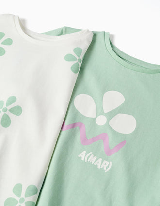 Pack of 2 cotton T-shirts with floral prints for girls, white/green
