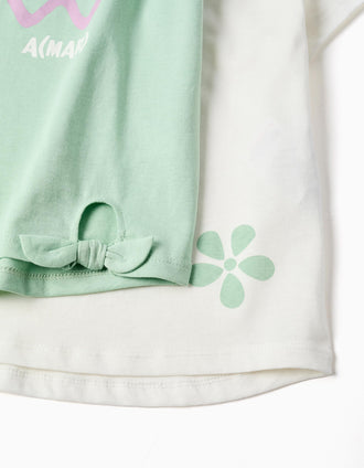 Pack of 2 cotton T-shirts with floral prints for girls, white/green
