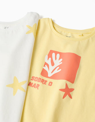 Pack of 2 cotton T-shirts with starfish prints for girls, white/yellow