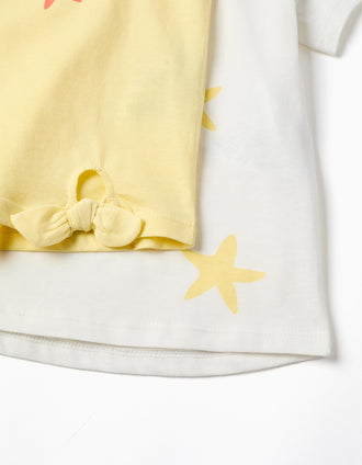 Pack of 2 cotton T-shirts with starfish prints for girls, white/yellow
