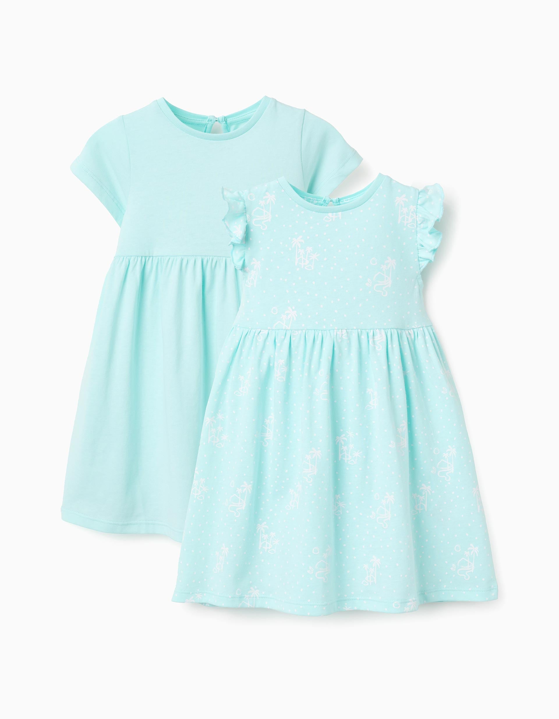 2 vestidos de manga corta lisos/estampados para bebé niña, azul claro