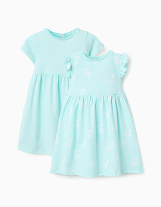 Pack of 2 plain/printed short sleeve dresses for baby girls, light blue