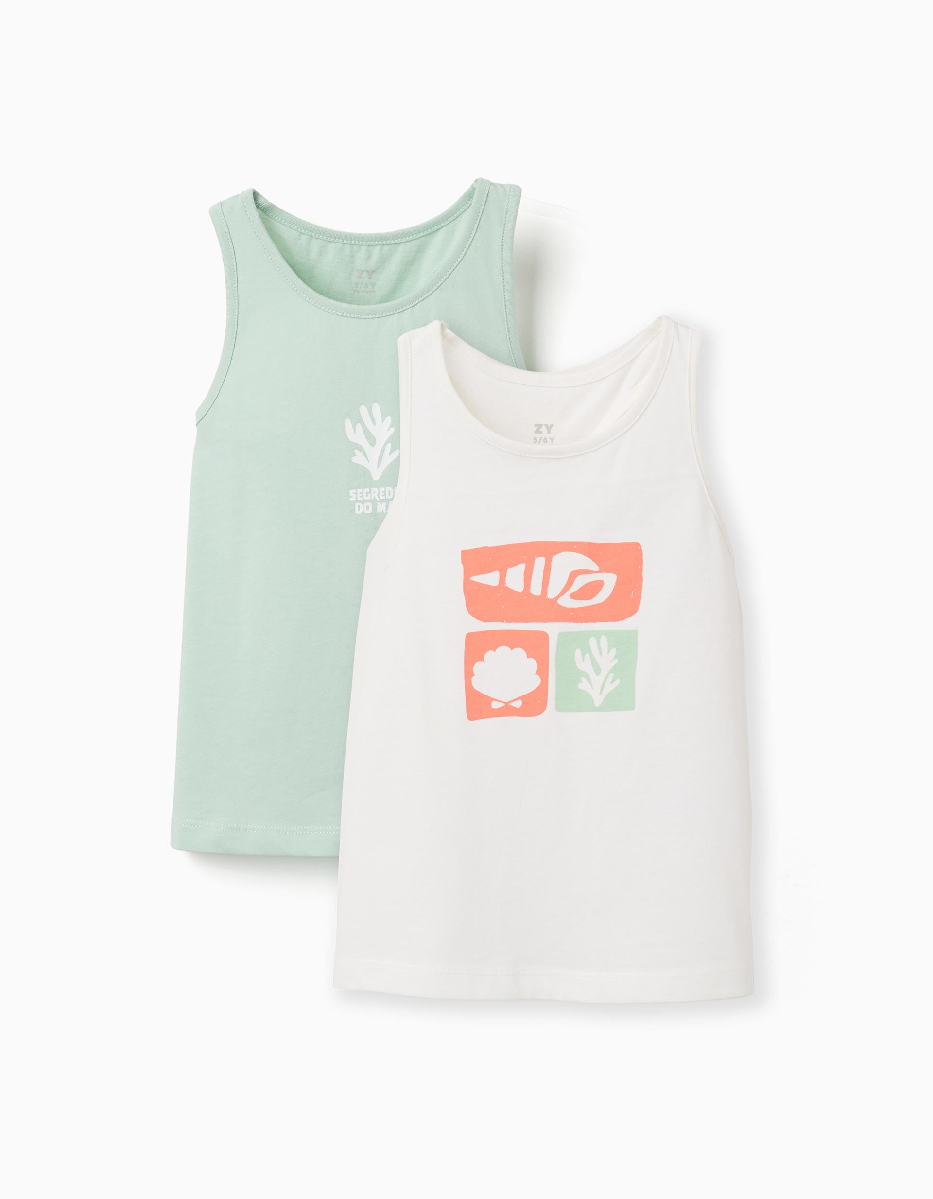 Pack of 2 cotton tank tops with beach prints for girls, white/green
