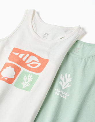 Pack of 2 cotton tank tops with beach prints for girls, white/green