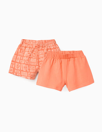 Pack of 2 plain and printed cotton shorts for girls, orange