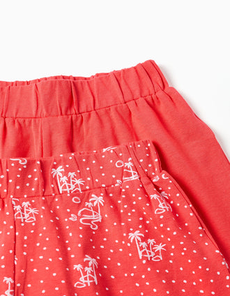 Pack of 2 plain and printed cotton shorts for girls, red