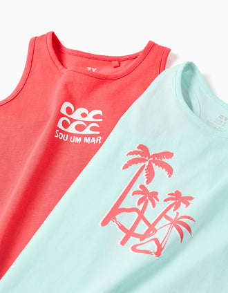 Pack of 2 cotton tank tops with beach prints for girls, coral/blue