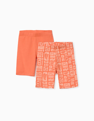 Pack of 2 plain and printed short leggings for girls, orange