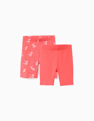 Pack of 2 plain and printed short leggings for girls, red