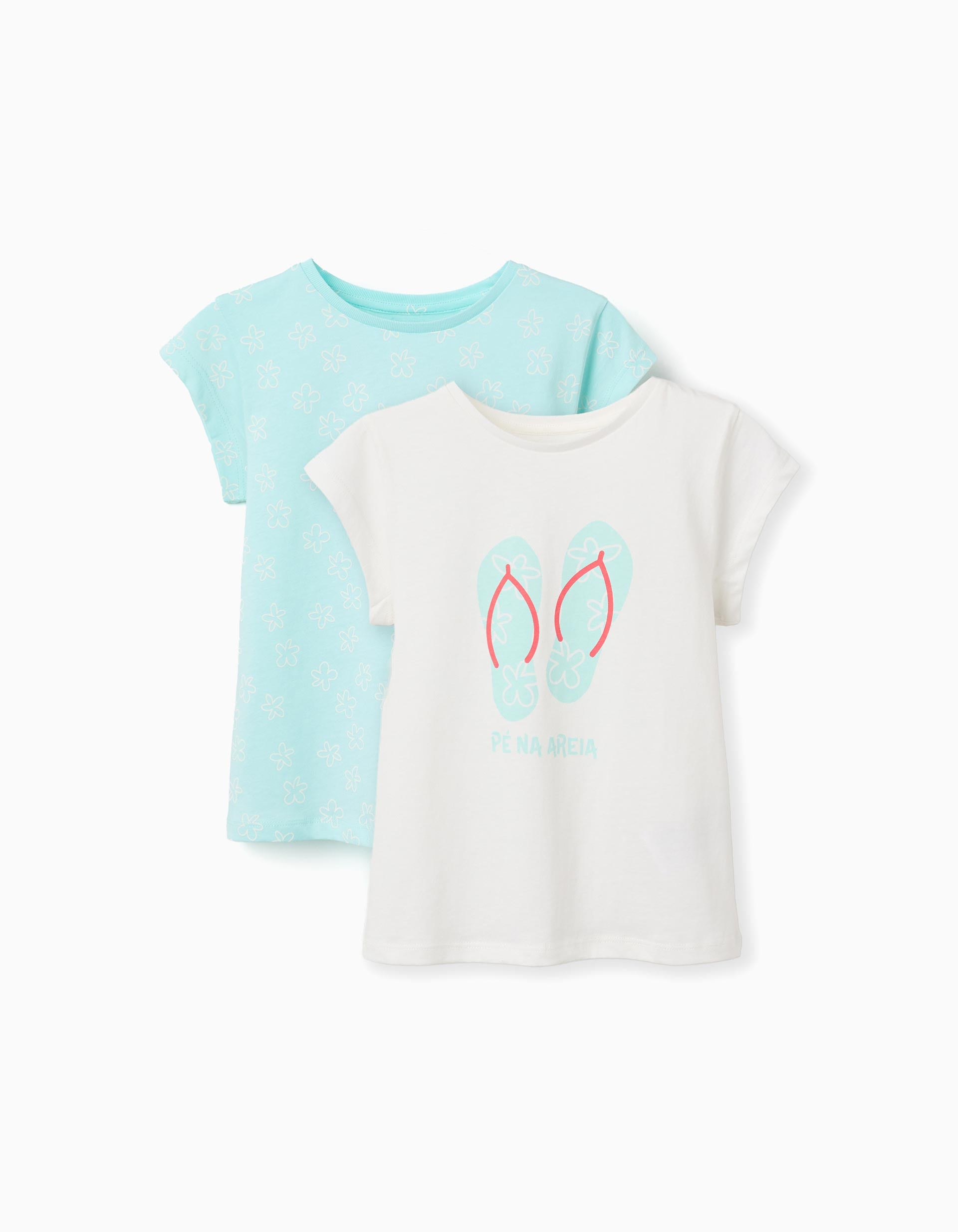 Pack of 2 cotton T-shirts with summery prints for girls, blue/white