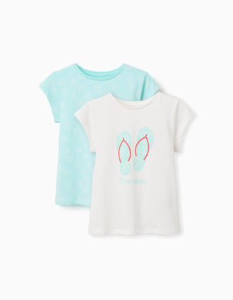 Pack of 2 cotton T-shirts with summery prints for girls, blue/white