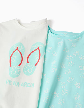 Pack of 2 cotton T-shirts with summery prints for girls, blue/white