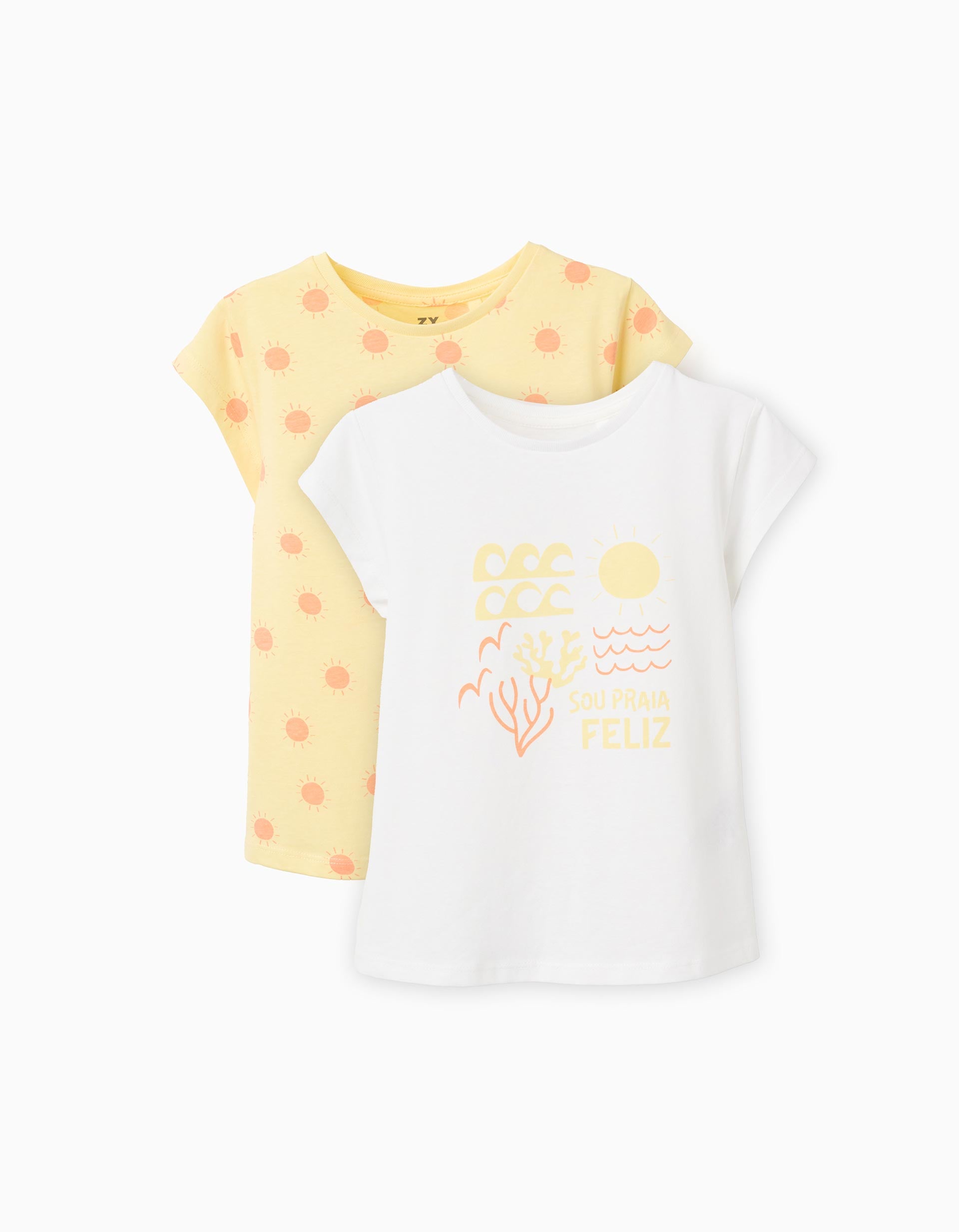 Pack of 2 cotton T-shirts with summery prints for girls, yellow/white