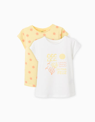 Pack of 2 cotton T-shirts with summery prints for girls, yellow/white