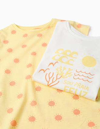 Pack of 2 cotton T-shirts with summery prints for girls, yellow/white