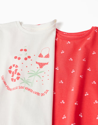 Pack of 2 cotton T-shirts with summery prints for girls, coral/white