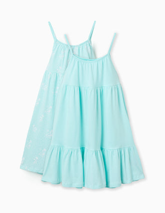 Pack of 2 plain and printed sleeveless dresses for girls, light blue