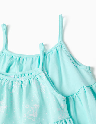 Pack of 2 plain and printed sleeveless dresses for girls, light blue