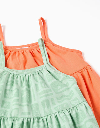 Pack of 2 plain and printed sleeveless dresses for girls, green/orange
