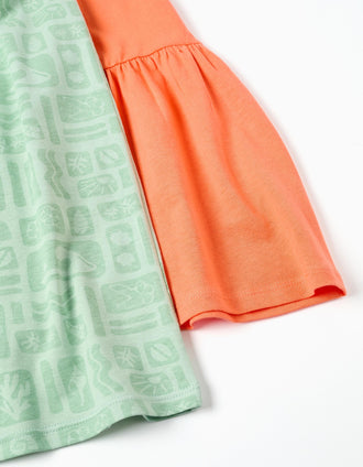 Pack of 2 plain and printed sleeveless dresses for girls, green/orange