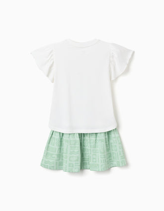 Cotton T-shirt + skirt with beach motif for girls, white/green