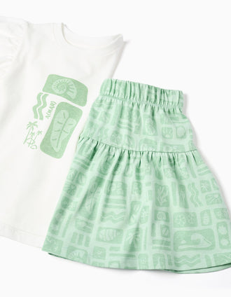 Cotton T-shirt + skirt with beach motif for girls, white/green