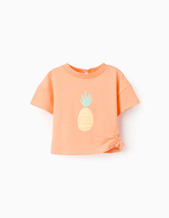 Cotton T-shirt with pineapple print for baby girls, orange