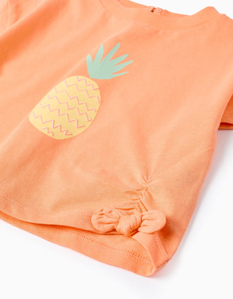 Cotton T-shirt with pineapple print for baby girls, orange
