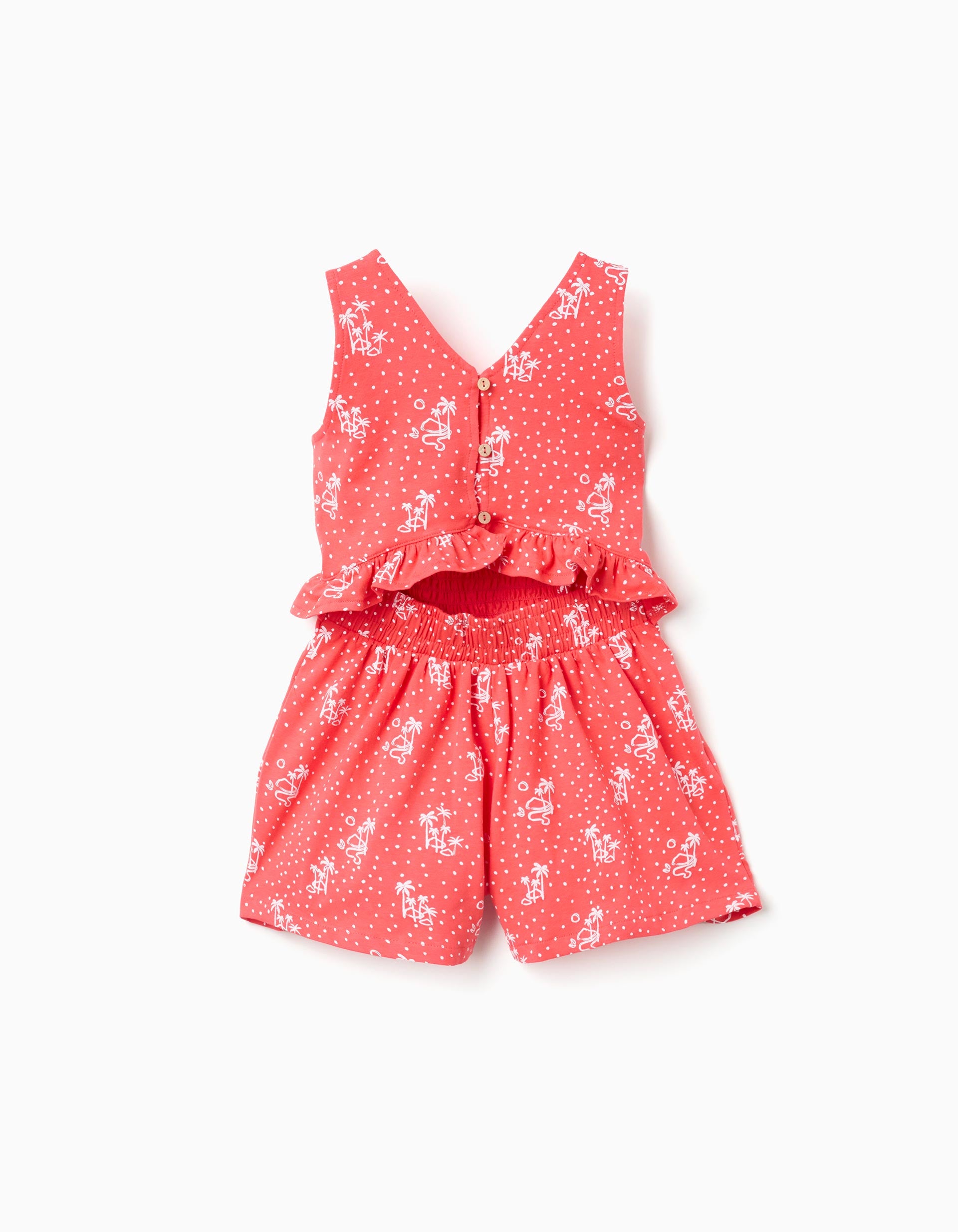 Sleeveless playsuit with print and ruffles for girls, coral