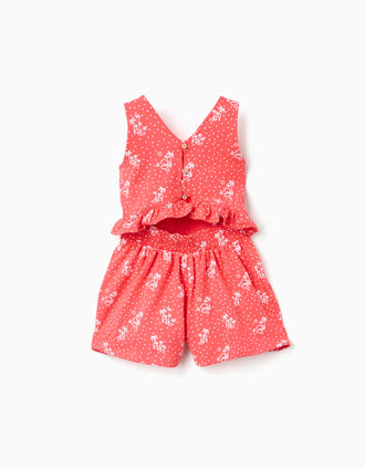 Macacão curto sem mangas com estampado e folhos para menina, coral