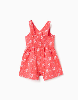 Macacão curto sem mangas com estampado e folhos para menina, coral