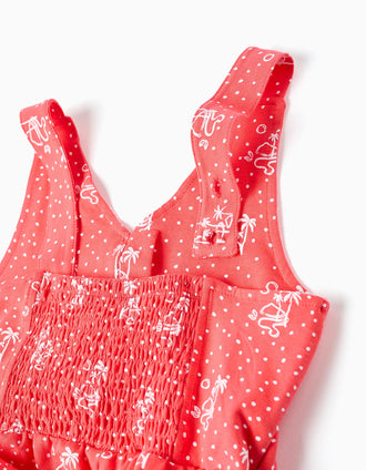 Macacão curto sem mangas com estampado e folhos para menina, coral