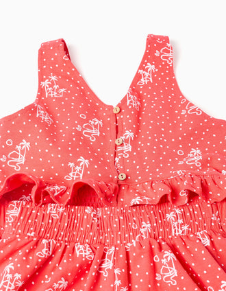 Macacão curto sem mangas com estampado e folhos para menina, coral