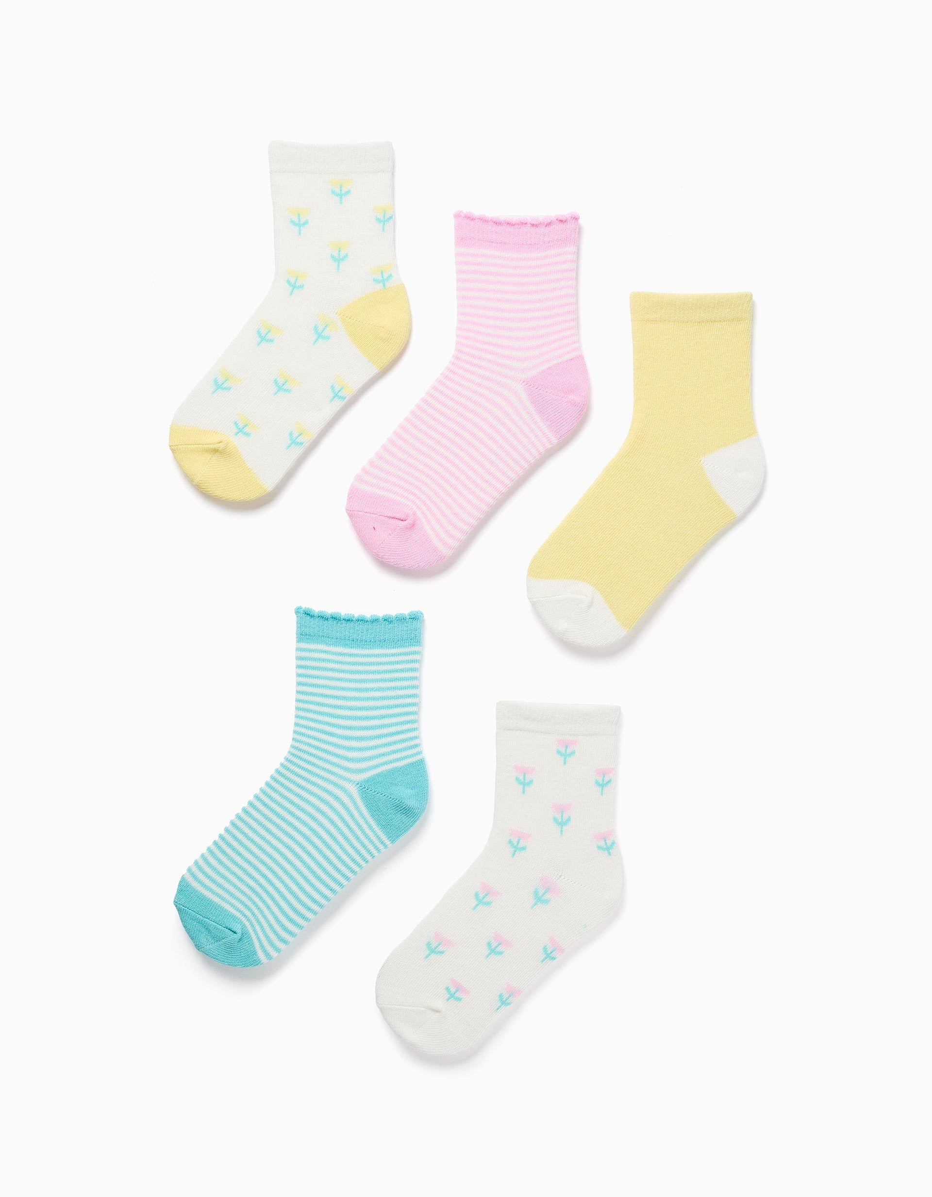Pack of 5 plain/striped/embroidered socks for girls, multicolour