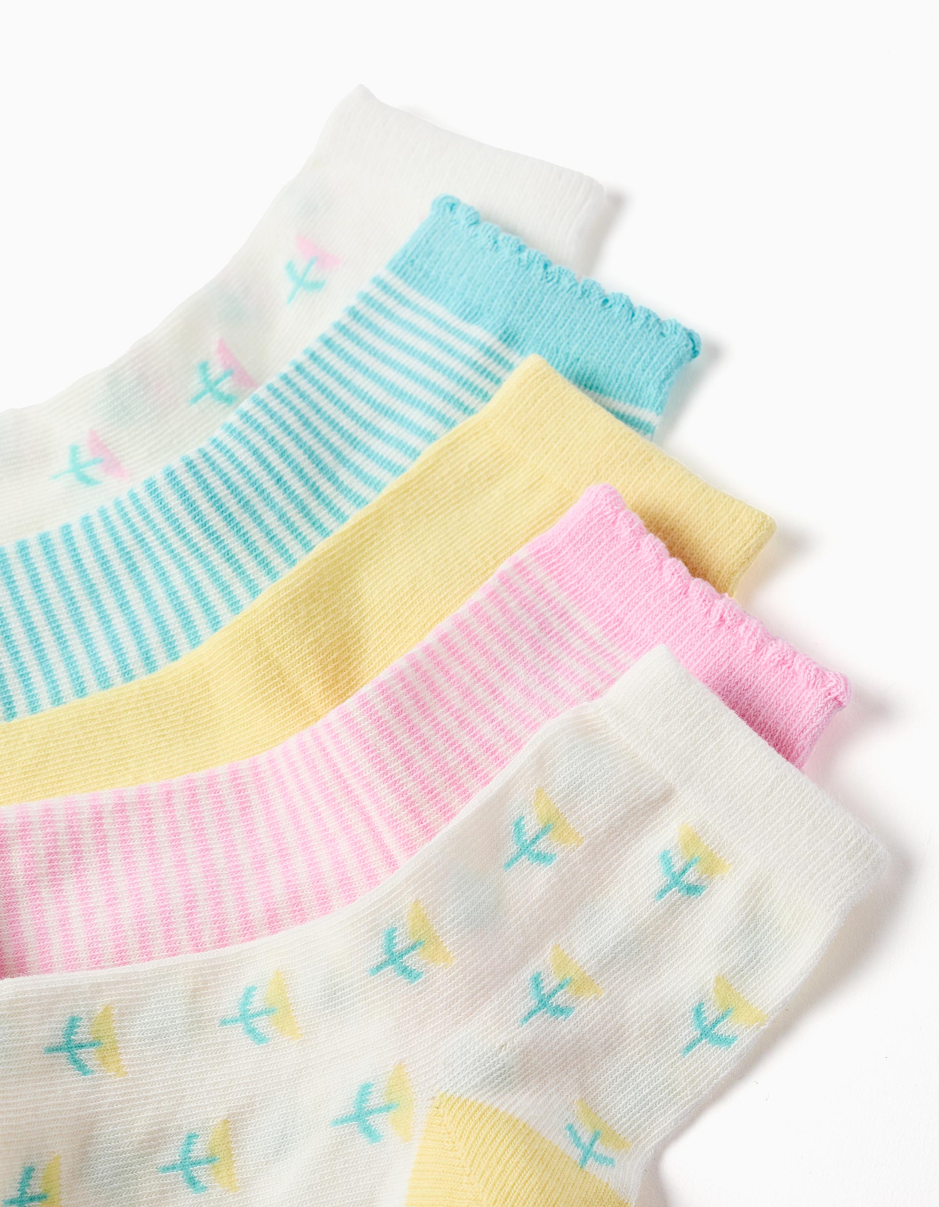 Pack of 5 plain/striped/embroidered socks for girls, multicolour