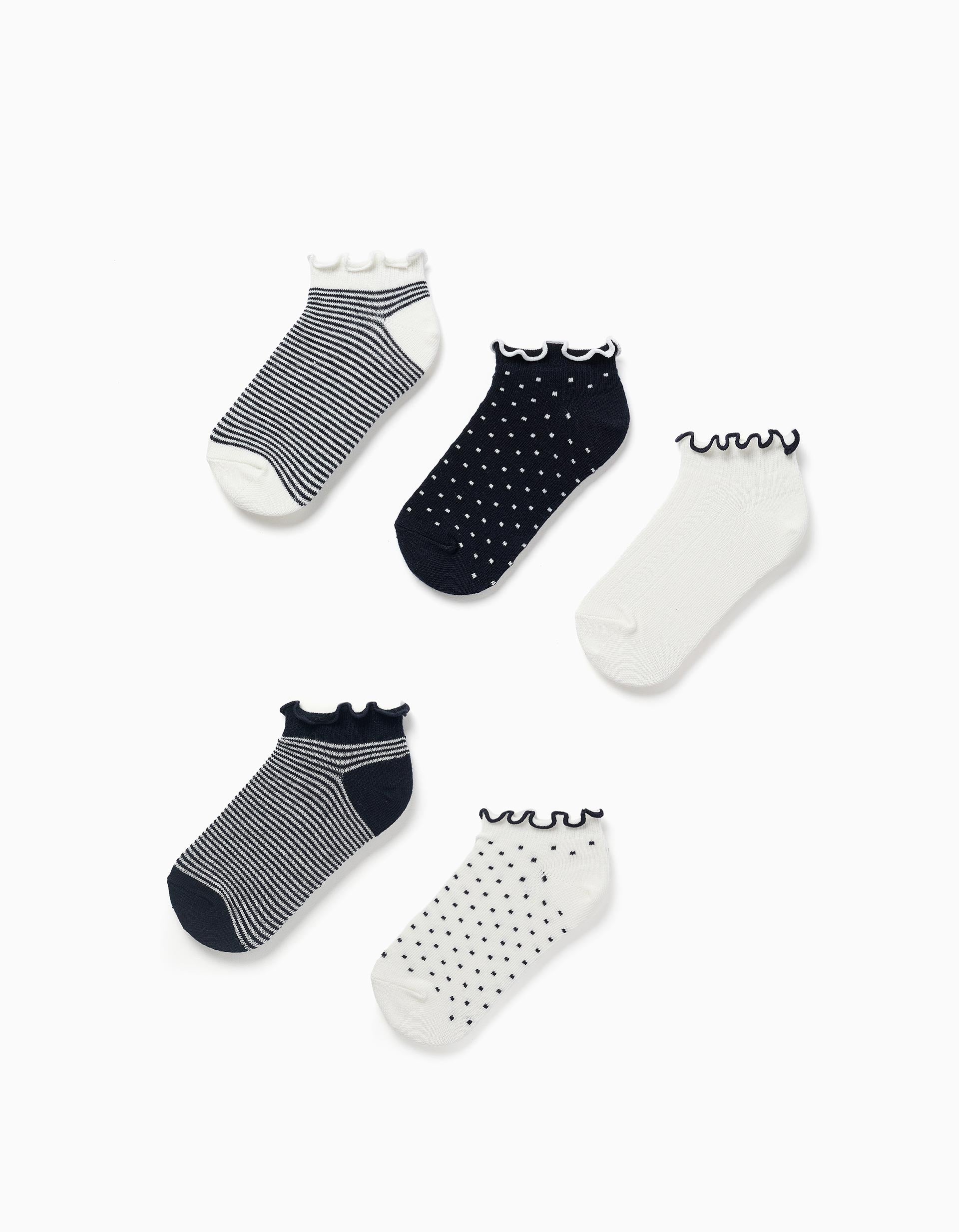 5 pairs of striped/dotted ankle socks for girls, white/dark blue