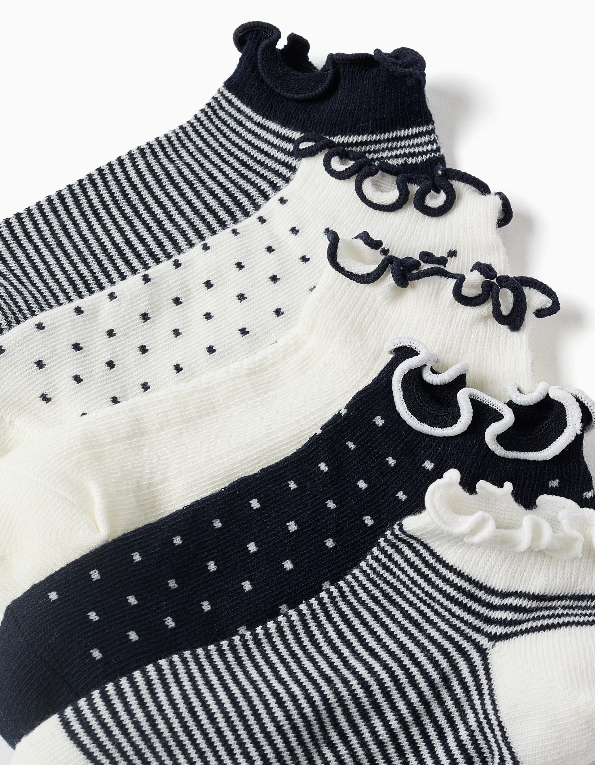 5 pairs of striped/dotted ankle socks for girls, white/dark blue