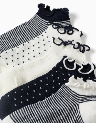 5 pares de calcetines tobilleros a rayas/con lunares para niña, blanco/azul