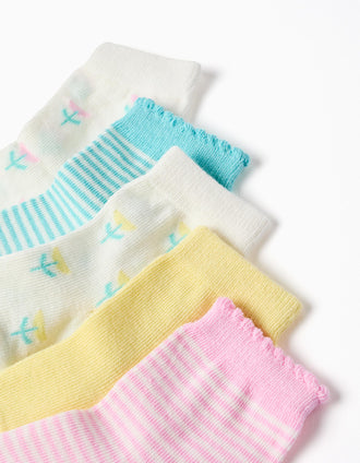 Pack of 5 plain/striped/embroidered socks for baby girls, multicolour