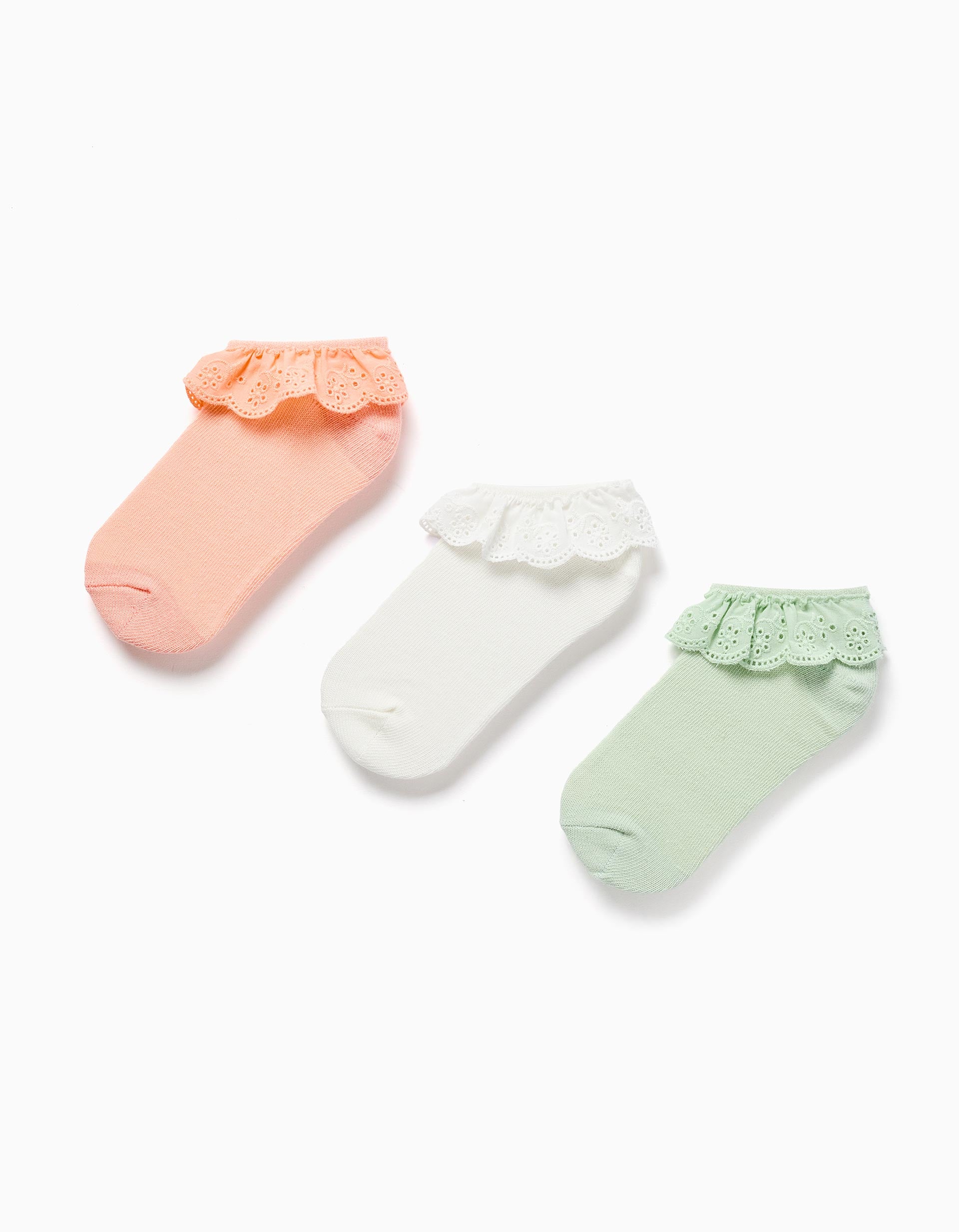 Pack 3 pairs of ankle socks with broderie anglaise for girls, multicolour