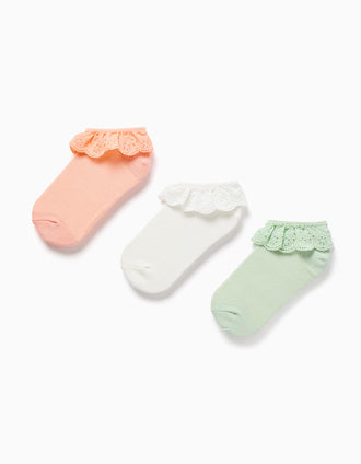 3 pares de calcetines tobilleros con bordado inglés para niña, multicolor