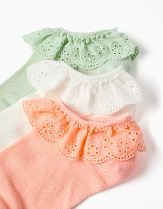 3 pares de calcetines tobilleros con bordado inglés para niña, multicolor