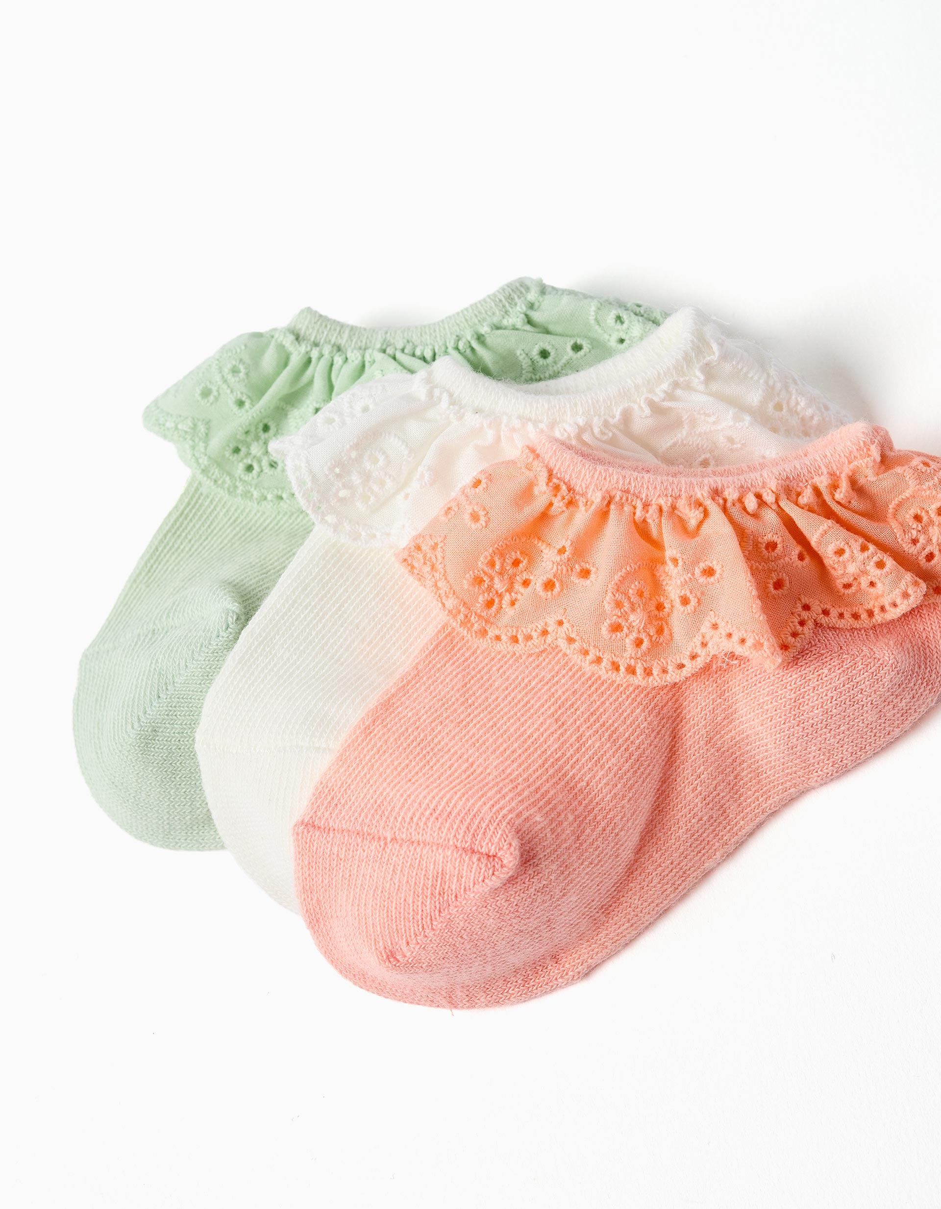 3 pares de meias curtas com bordado inglês para bebé menina, multicolor