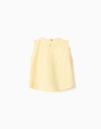Sleeveless cotton top with cherry print for baby girls, yellow