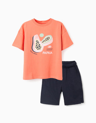 Camiseta y pantalón corto con estampado para niño, naranja/azul oscuro